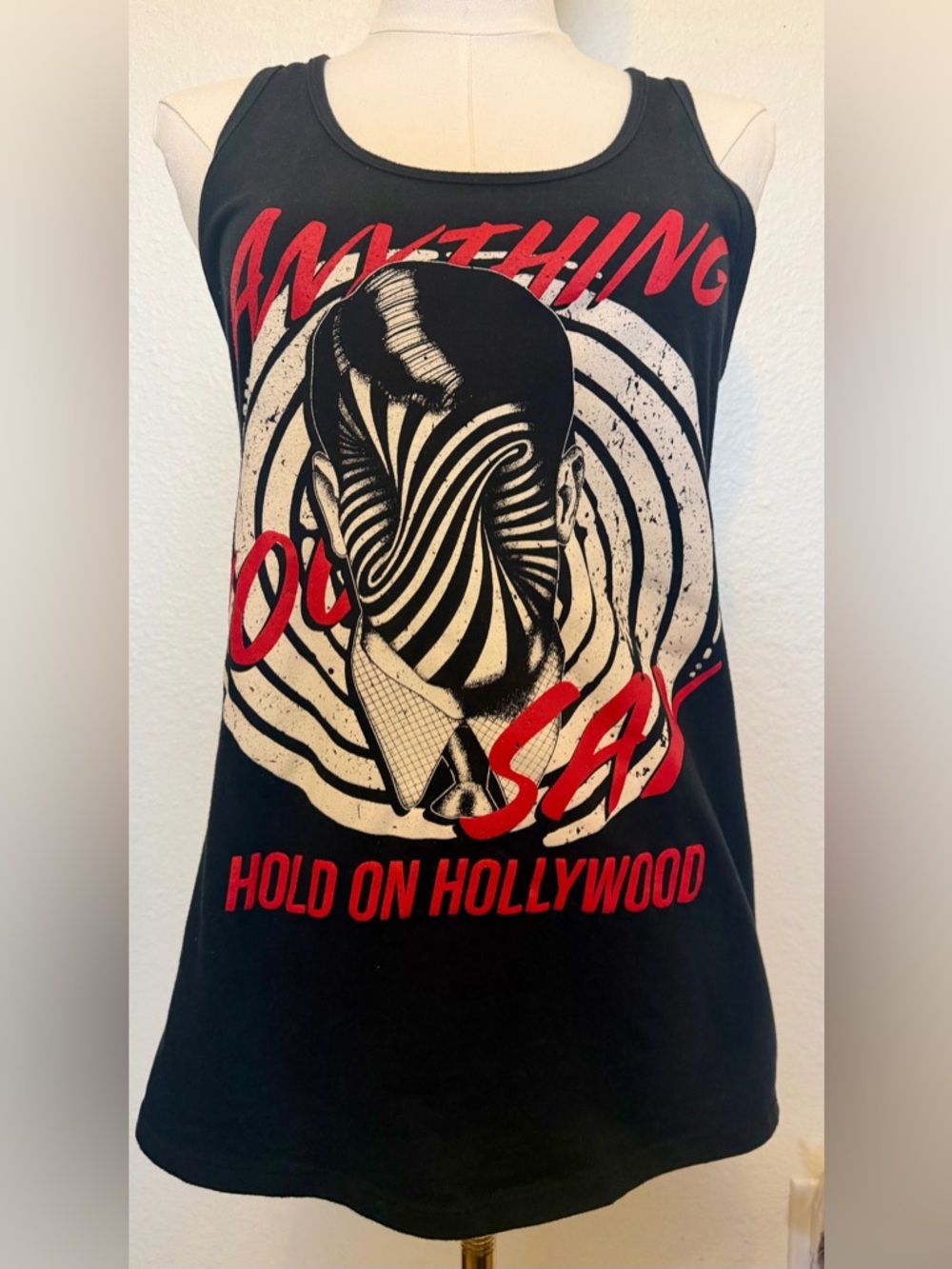 Black “Hold On Hollywood Band” Tank Top with Red & Cream Print